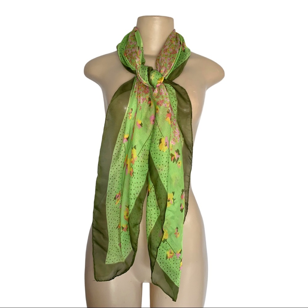 Vintage Floral Bloom Green & Pink Polka Dot Light Summer Square Scarf